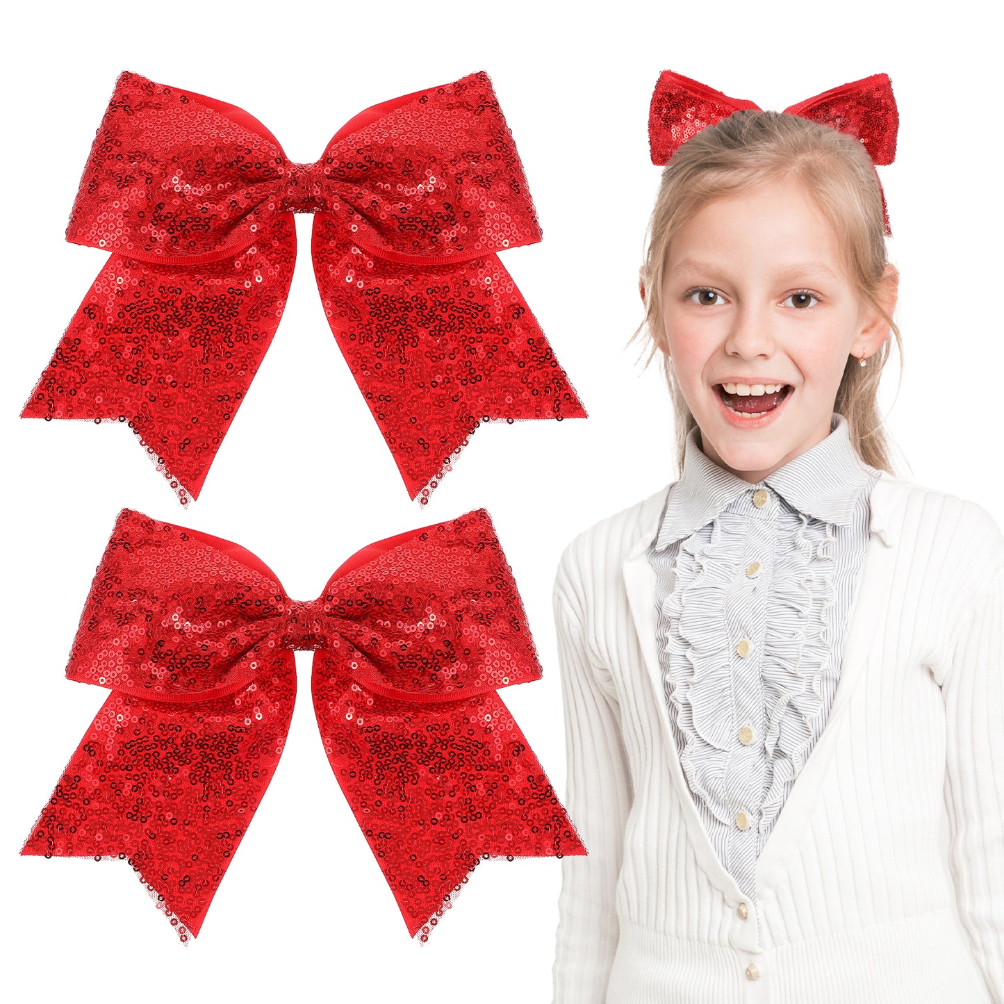2pcs Jumbo Cheerleading Bow 7.5 Inch Large Glitter Cheer Hair Bow Clip Sequin Ponytail Holder with Tails for Girls Teens Softball Cheerleader Outfit Uniform College Competition Sports