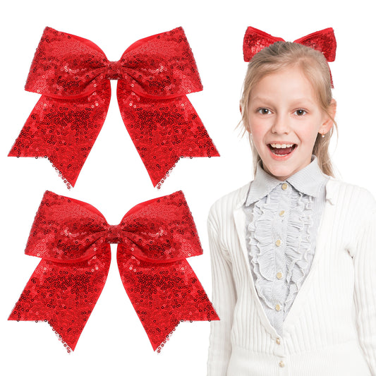 2pcs Jumbo Cheerleading Bow 7.5 Inch Large Glitter Cheer Hair Bow Clip Sequin Ponytail Holder with Tails for Girls Teens Softball Cheerleader Outfit Uniform College Competition Sports
