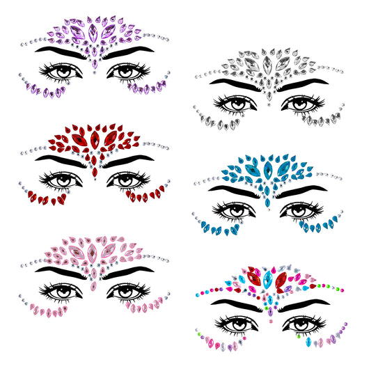 6Sets Face Jewels Mermaid Face Gems Stick Music Festival Eye Jewels Self Adhesive Rhinestones Crystal Birthday Party makeup Stickers Body Temporary Tattoos for Club Party Rave Festival Halloween