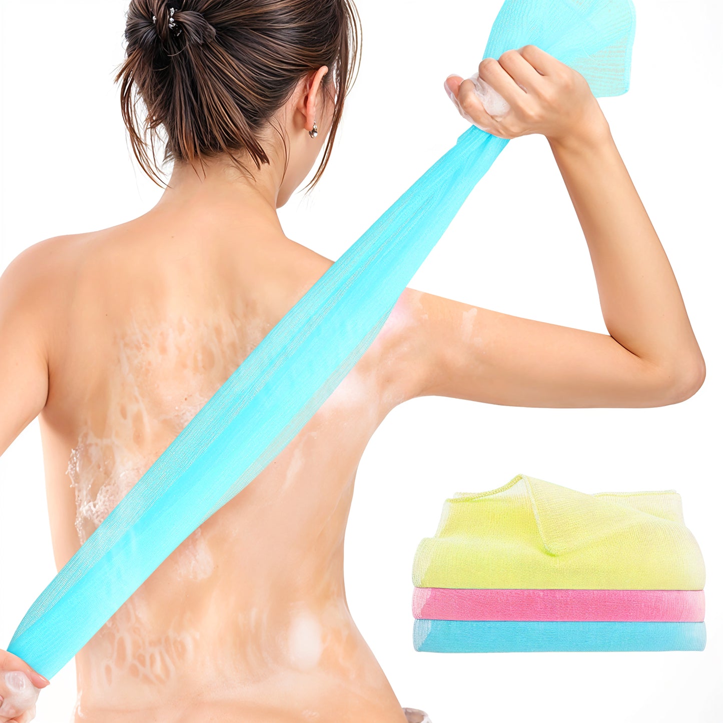 3 Pack Exfoliating Washcloth Long Exfoliator Shower Towel Back Scrubber for Shower Wash Cloth Beauty Loofah Sponge Towel Back Cleaner Washer Cloth to Dead Skin Remover for Women (Blue, Pink, Yellow)