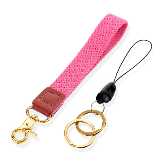 COMNICO Wristlet Keychain, 1Pcs Stretchy Wrist Lanyard Cute Keychain Wristlet Braided Braided Pink Wrist Lanyards Wrist Strap KeyChain for Car Keys Card Wallet Phone