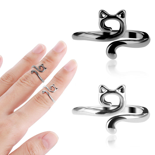 Sibba Crochet Finger Tension Rings 2 PCS Crocheting Knitting Yarn Holder Adjustable Versatile Cat Pattern Guide Loop Braided Knitted Weaving Knit Regulator Decorating Fingers (Silver,Black)