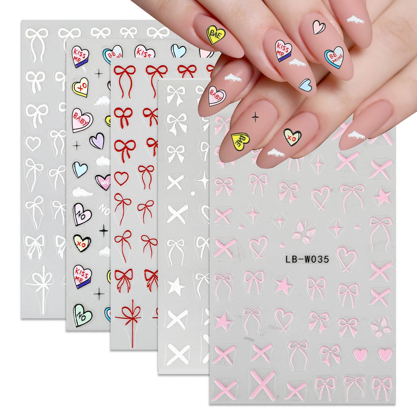 Wanmu 5 Sheets Nail Stickers for Nail Art, Heart Bows Nail Decals for Women, Black White Red Pink Tie Nail Design Stickers for Girls - Nail Art Supplies, Valentine's Day, DIY Acrylic Nails Decor