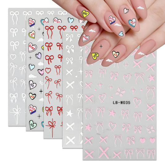 Wanmu 5 Sheets Nail Stickers for Nail Art, Heart Bows Nail Decals for Women, Black White Red Pink Tie Nail Design Stickers for Girls - Nail Art Supplies, Valentine's Day, DIY Acrylic Nails Decor