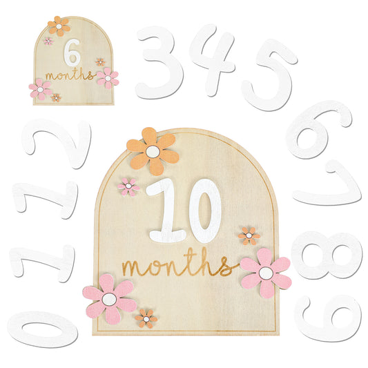 Sibba Baby Monthly Milestone Cards 11Pcs Posing Props Wooden Signs Newborn Photography Props Monthly Milestone Discs Interchangeable Number Set for Growth Recording (3D Flower)