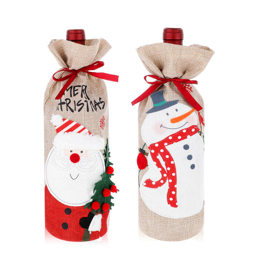 COMNICO 2Pcs Christmas Wine Bottle Bags, Burlap Wine Bottle Covers with Drawstring forWine Bottles Gift Bulk Reusable WineBottle Covers for Christmas Party Decor, Holidays