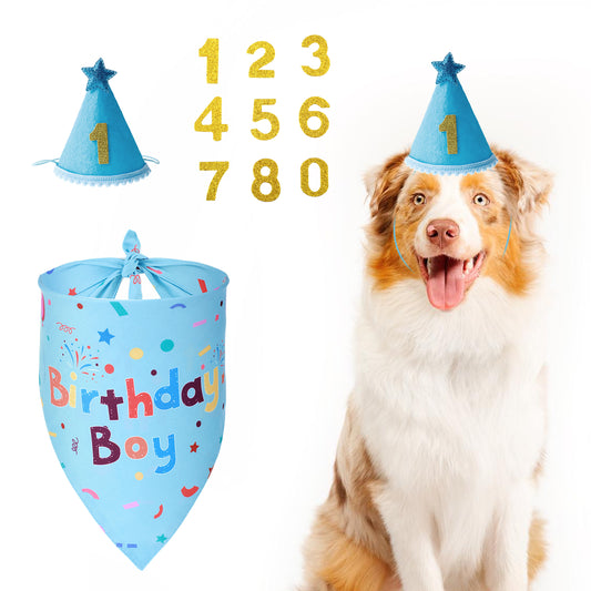 Sibba Dog Birthday Party Supplies Dog Birthday Bandana Set Puppy Apparel Dog Boy Girl Birthday Party Hat with Numbers Adjustable Shirt for Large Medium Small Dogs Pet (Blue)