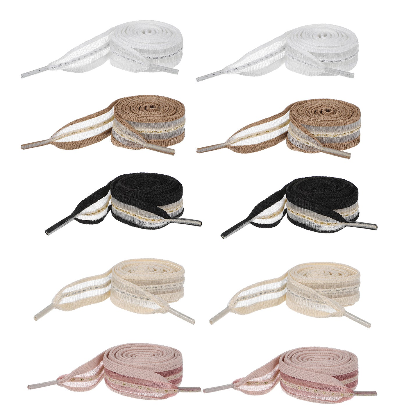 COMNICO 5 Pairs Ribbon Shoe Laces for Women, 2cm Wide Flat Soft Fabric Fantastic Stripe Shoelaces Colorful Silk Satin Snow Yarn Shoe Ties Shoestrings for Sneakers Sports Shoes 47Inch