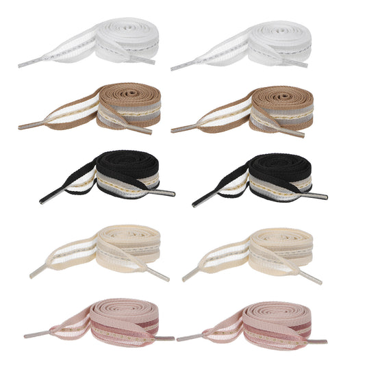 COMNICO 5 Pairs Ribbon Shoe Laces for Women, 2cm Wide Flat Soft Fabric Fantastic Stripe Shoelaces Colorful Silk Satin Snow Yarn Shoe Ties Shoestrings for Sneakers Sports Shoes 47Inch