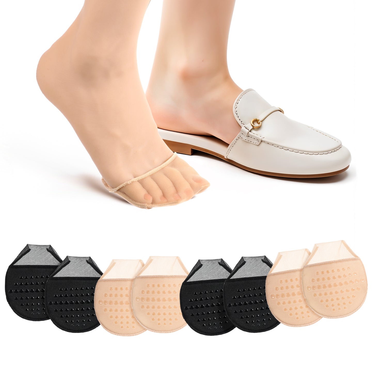 4 Pairs Toe Toppers No Show Liner Half Socks for Women Seamless Grip Non Slip Hidden Toe Covers Invisible Non-Skid Bottom for Mule Heels Ball of Foot Cushion Socks Women's Cover