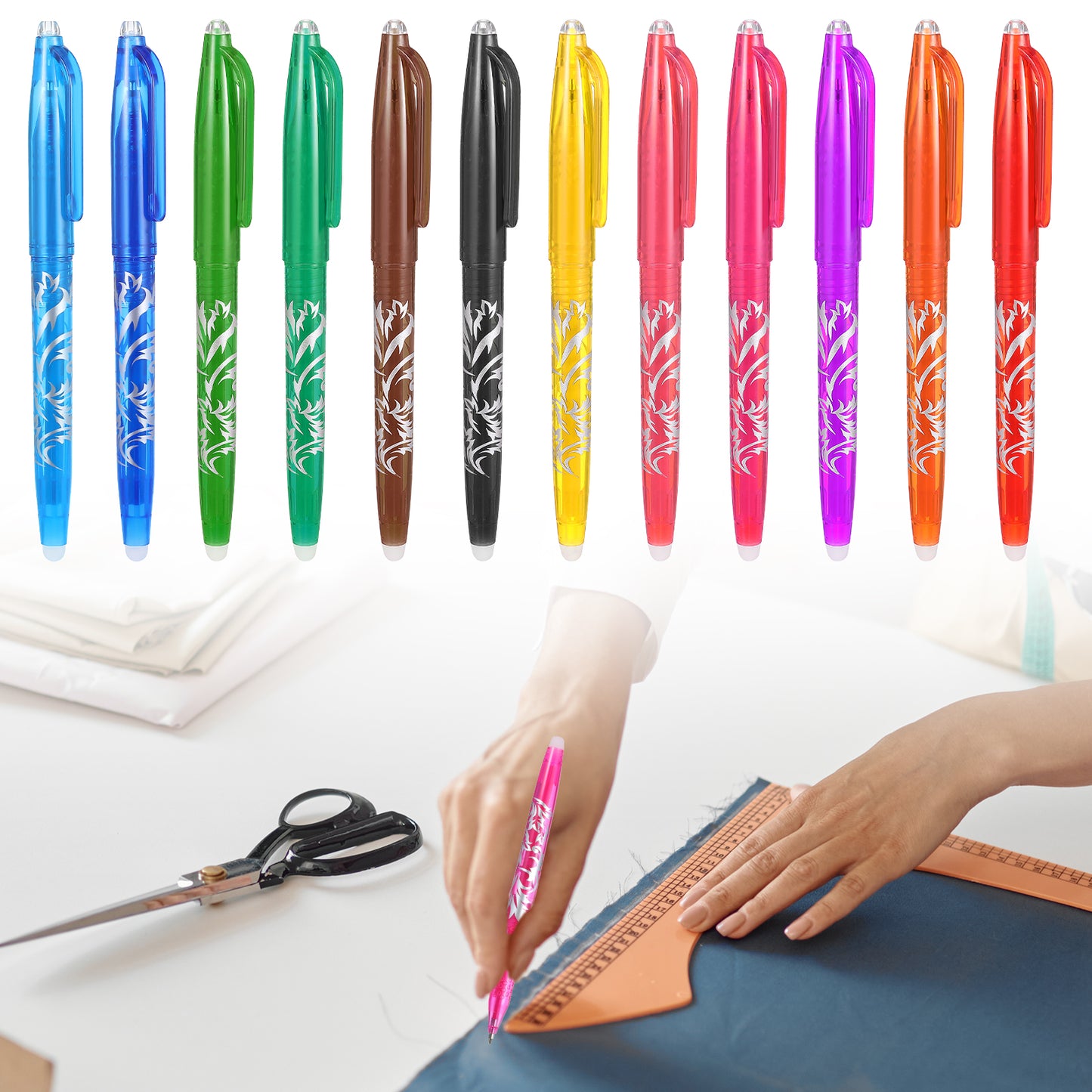 12pcs Heat Erasable Pens for Fabric, Fabric Marking Pens Fabrics Markers No Ghost Lines, Disappearing Ink for Precise Marking for Quilting Sewing Embroidery DIY Dressmaking Fabrics Tailors Chalk