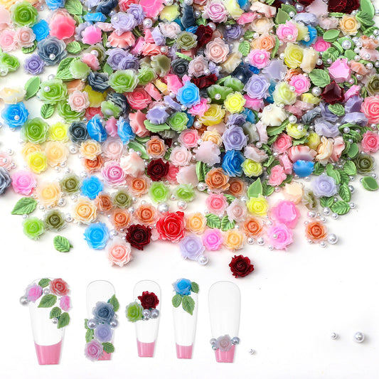 Wanmu 300 Pcs Camellias Roses Flower Nail Charms, Cute Colorful 3D Flowers Charm Nails, Resin Green Leaf Nail Jewelry Charm White Pearl Beads Charms for Nails Art Design Manicure DIY