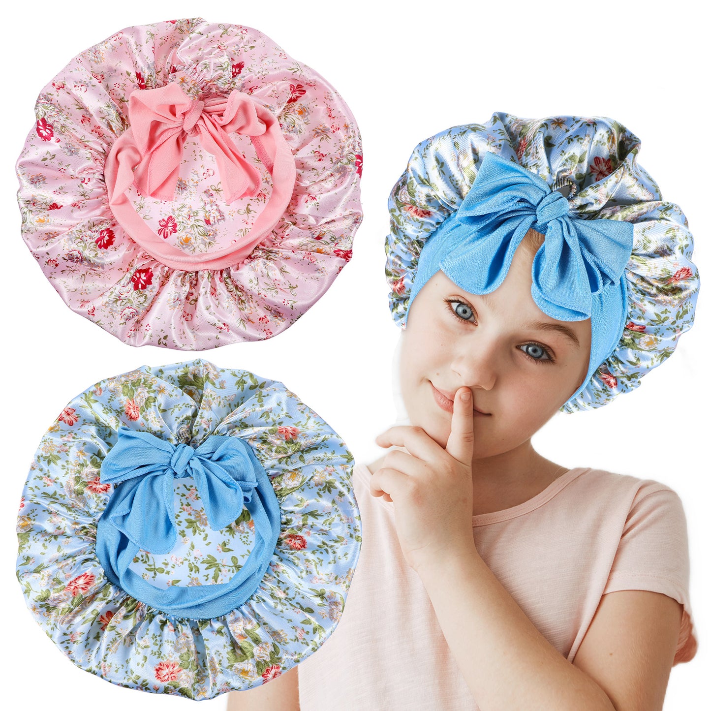 Sibba Satin Bonnets 2Pcs Soft Silk Bonnet Elastic Sleeping Cap Breathable Wide Band Colorful Shower Hats Adjustable Baby Bonnets Night Sleep Cap for Curly Natural Hair Braids