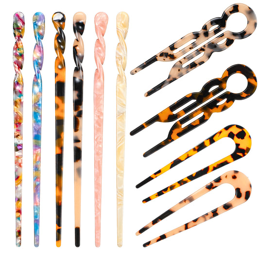10 Pack French Hair Pins Tortoise Shell U Shaped 2 Prong Hair Sticks Vintage Hairs Chopsticks Retro Hairpins Disk Straight Chopsticks Hairpin for Women Hairstyle Accessories