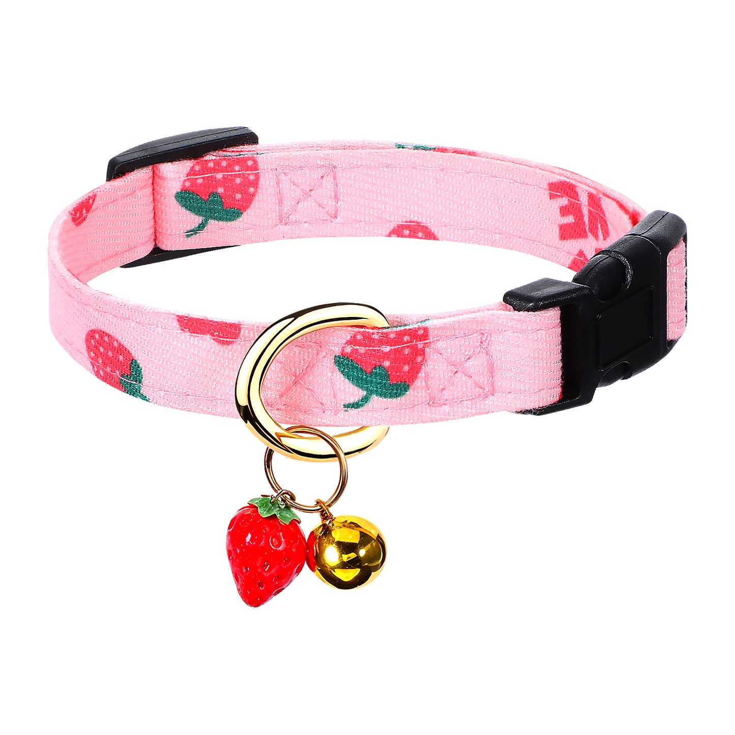 Wanmu Small Dog Collars for Female Dogs, Cotton Handmade Pink Girly Puppy Collar with Pink Strawberry Pendant, Neck 9-13in