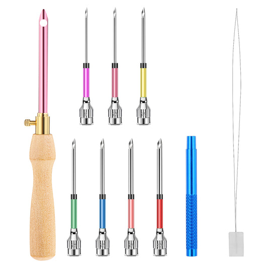 COMNICO 10 Pcs Punch Needle Kit, Punch Embroidery Kit Adjustable Punch Needle Tool with 7 Sizes Needle Heads Sewing Art Needle Tool Wooden Handle Embroidery Pen for Flossing Cross Stitch DIY Craft