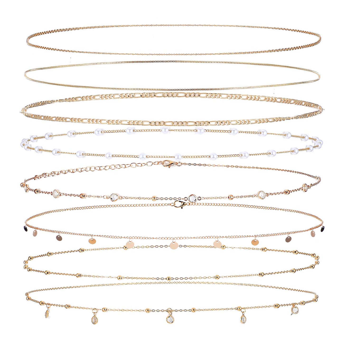Hadnves 8Pcs Waist Chain 18K Gold Plated Belly Chain Sexy Bikini Summer Beach CZ Pearl Snake Bead Sequin Sexy Body Chains Jewelry Accessories for Women Adjustable
