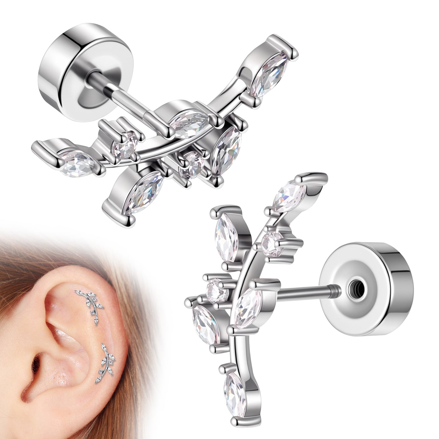 Gjinxi 2pcs Flat Back Silver Stud Earrings Stainless Steel Gold Cartilage Surgical Small Earrings Stacks Suits for Women Sensitive Ear Helix Tragus Conch Daith Multiple Piercing Jewelry Trendy
