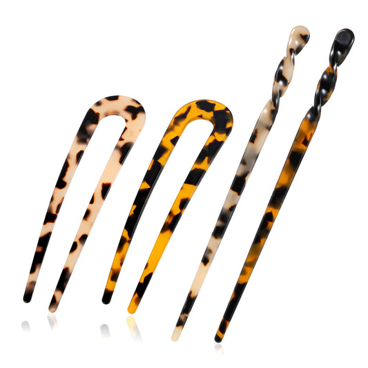 2 Pcs French Hair Forks + 2 Pcs Cellulose Acetate Hair Stick Tortoise Color U Shape Hairpins Updo Chignon Bun Hairstyle Accessories for Thick Long Curly Women Girls