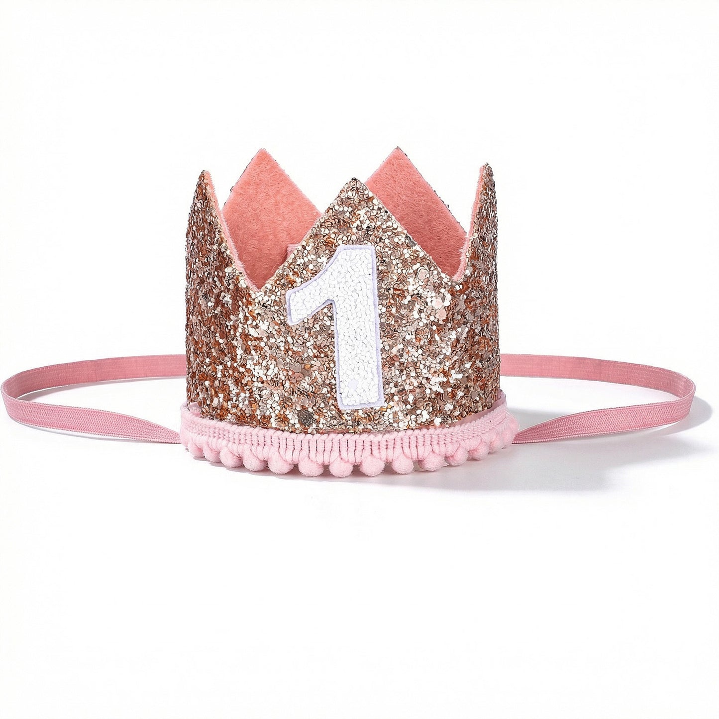 Wanmu Glitter Birthday Crown, Baby Girl 1st Birthday Hat Felt Costume Headwear for Princess Themed Photo Props Party One Birthday Decorations (Rose Gold)