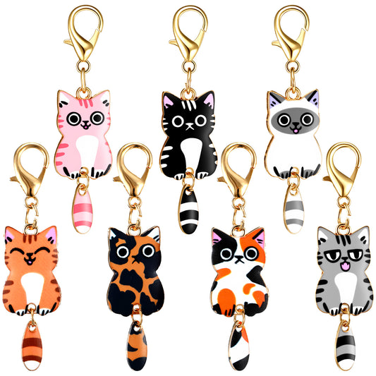 Wanmu 7Pcs Cat Keychains, Kawaii Kitty Key Ring Cute Bag Charms Funny Mini Cats Accessories Gift for Women Men Girls Car Keys Purse Handbags DIY Crafts (Tail Can Wag)