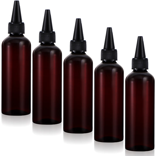 Sibba 5Pcs Hair Color Applicator Bottle, Hair Dye Bottles, Squeeze Oil Applicator Bottle, Empty Plastic Reusable Twist Top Cap Bottles for Salon Coloring Oil Glue Paint Art, Amber, 100ml