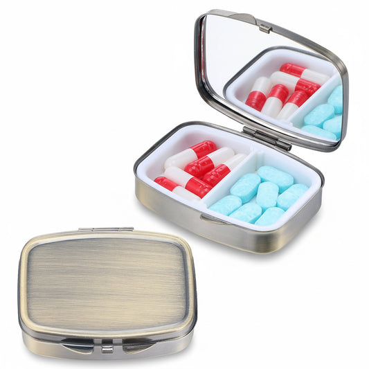 Sibba Pill Case Pill Box with Mirror Vintage Bronze 2-Compartment Metal Pills Organizer Portable Small Medicine Container Mini Medicine Case for Vitamins Supplements Travel Pills Box for Purse Pocket