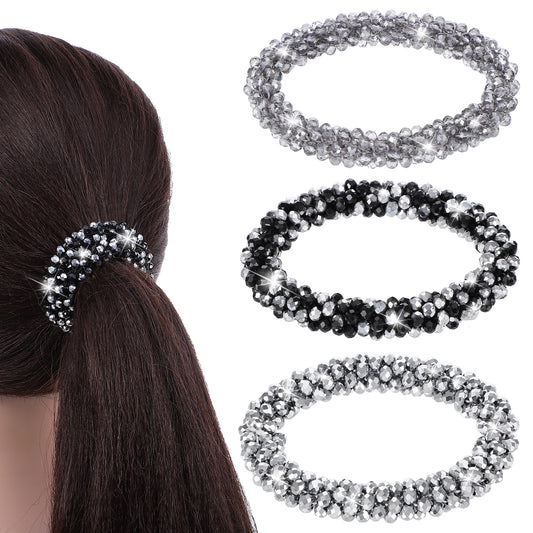 3 Pcs Rhinestone Hair Tie Ponytail Holders Elastic Crystal Scrunchies Sparkly Glitter Decorative Hair Accessories Bling Stretchy Ropes for Women Girls