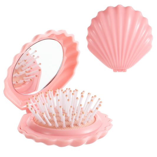 Wanmu Folding Travel Hair Brushes with Mirror, Shinning Finish Shell Shape Pocket Hair Brush, Portable Makeup Set, Fashion Mini Hair Brush, Compact Size Hair Massage Comb Hairbrush for Women