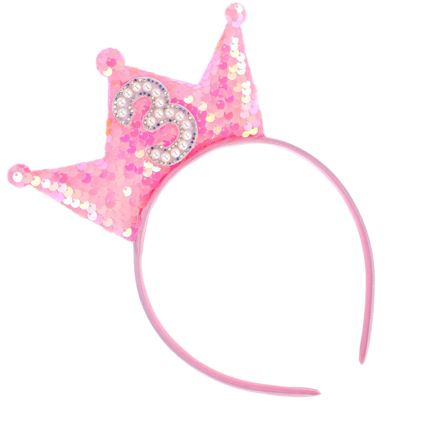Sibba 3rd Birthday Crown Headband for Girls Pink Glitter Princess Tiara Hair Band with Flowers Perfect Birthdays Crown Toddler Accessory for 3 Year Old Girl Birthday Decorations Pearl Hair Band