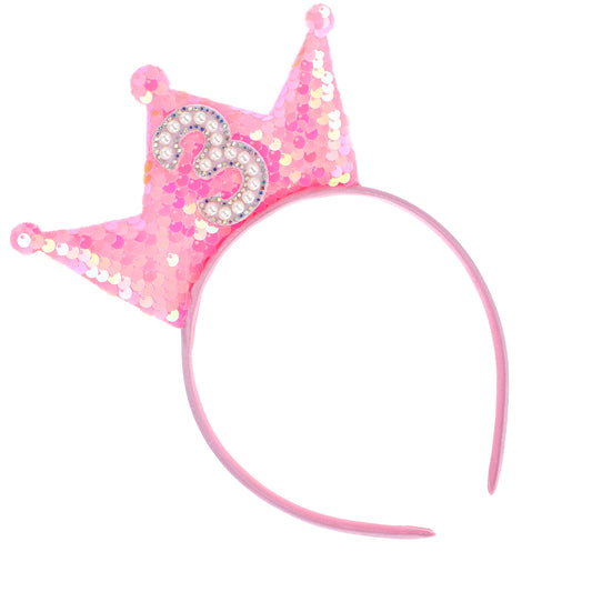 Sibba 3rd Birthday Crown Headband for Girls Pink Glitter Princess Tiara Hair Band with Flowers Perfect Birthdays Crown Toddler Accessory for 3 Year Old Girl Birthday Decorations Pearl Hair Band