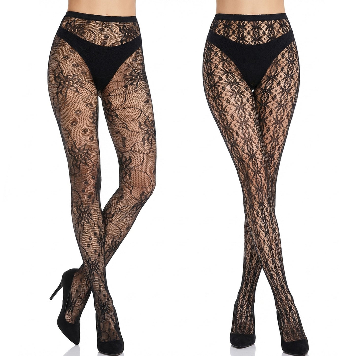 FNANJWQ 2 Pack Floral Tights for Women,Black Fishnet Stocking Leggings Lace Tights, High Waist Sheer Pattern Pantyhose for Party Date Daily