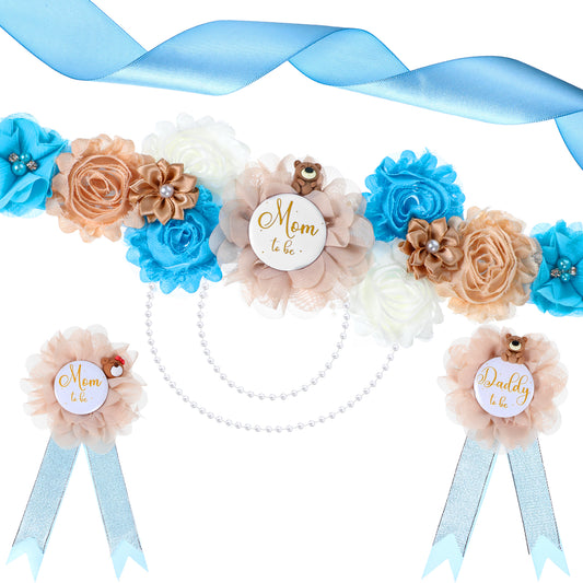 Wanmu Teddy Bear Maternity Sash, Mummy Daddy to Be Corsage Pin Set, Blue Floral Baby Shower Sash, Flower Belly Belt, Bear Baby Shower Decorations for Gender Reveal Photo Props Gift