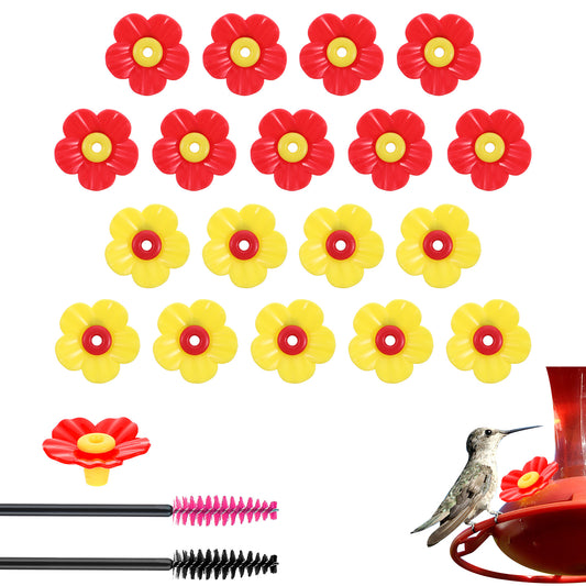 Wanmu 18pcs Hummingbird Feeders Replacement Flowers, Bird Hummingbird Feeder Parts with 2 Cleaning Brush, Universal Fit for Outdoor Hanging Feeders (9 Yellow, 9 Red)