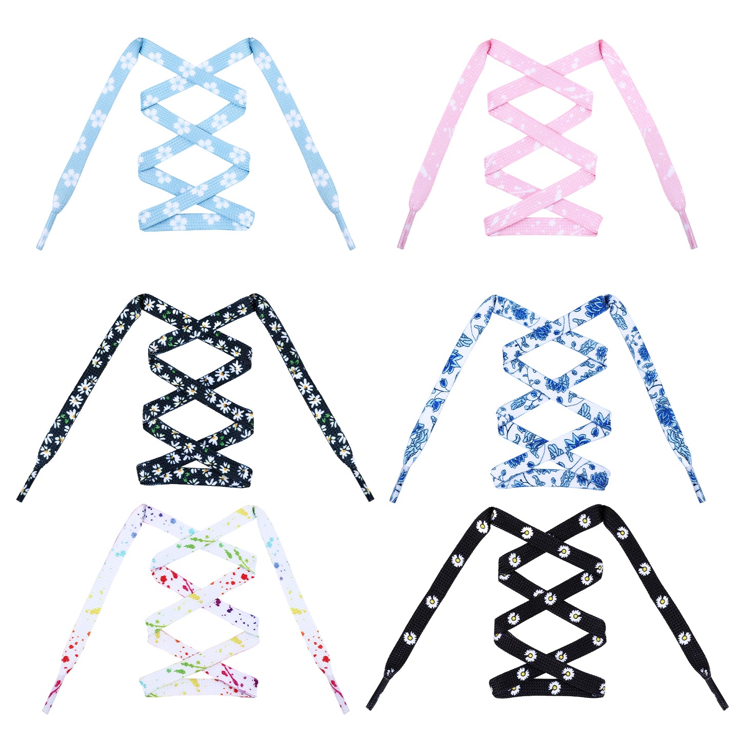 COMNICO 6 Pairs Colored Printed Flat Shoe Laces 5/16" Wide Art Printed Patterned Shoestrings Daisy Flowers Shoelaces for Athletic Sneakers Running Shoes Boot
