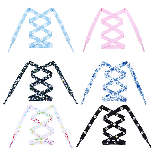 COMNICO 6 Pairs Colored Printed Flat Shoe Laces 5/16" Wide Art Printed Patterned Shoestrings Daisy Flowers Shoelaces for Athletic Sneakers Running Shoes Boot