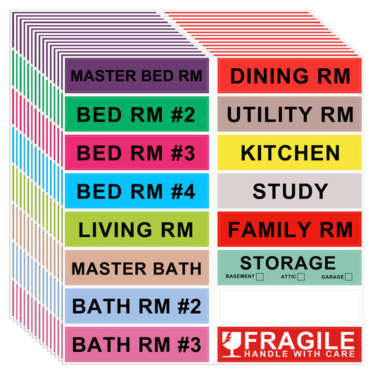 Dimeho 240Pcs Home Moving Labels, Large Removable Packing Box Labels Different Color Coding Home Moving Stickers for Boxes, Fragile Sticker, Writable Blank Label Moving Supplies (4.5 x1 Inch)