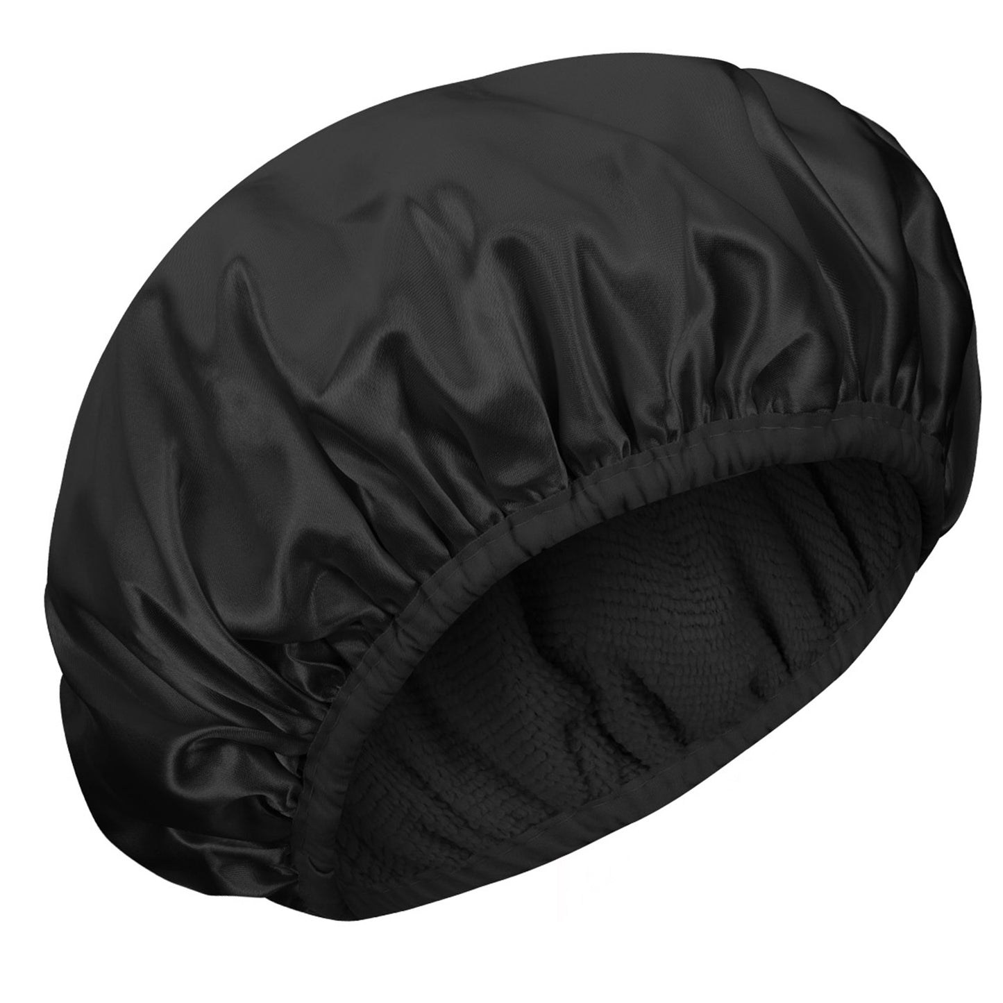 Wanmu Shower Cap, Terry Lined Hair Bonnet Triple Layer Bathing Cap Waterproof Adjustable Shower Caps for Women Thick Hair (Black)
