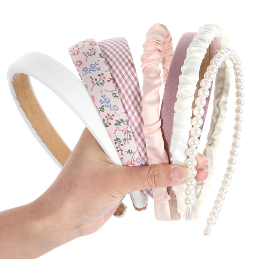 Wanmu 7 Pack Headbands for Women Girls, Non-Slip Cute Floral Headband Pearl HairBand, Multi-style Fashion Vintage Wide Padded Hair Accessories for Student Birthday, Wedding, Gift - Pink
