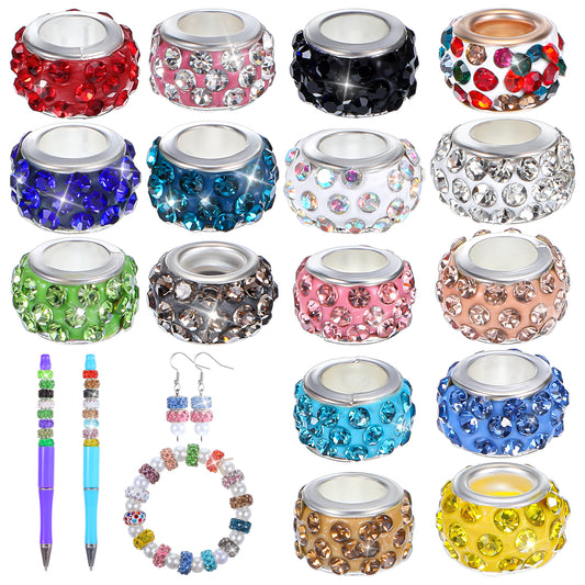 Sibba 100pcs Large Hole Beads 11mm Colorful Beadable Rhinestone Craft Spacer Beads Crystal Pave Rondelle European Spacer Bead for DIY Charms Pens Bracelet Necklace Keychain Jewelry Making Supplies