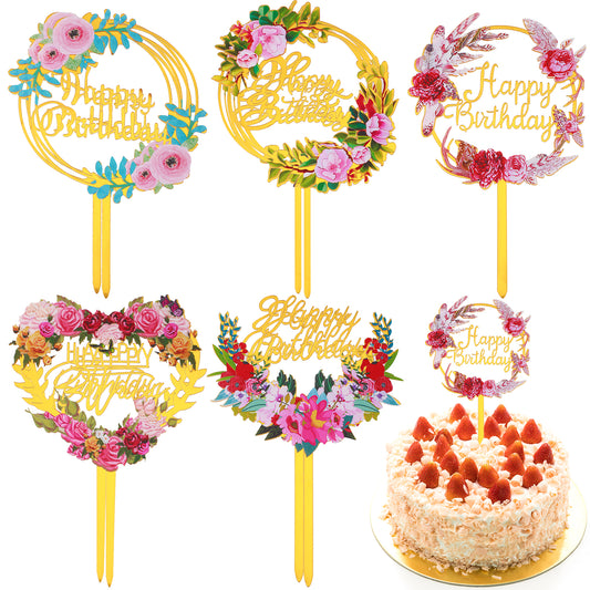 Dimeho 10 Pcs Happy Birthday Cake Toppers Glitter Golden Cake Top Decoration Acrylic Cupcake Banner Sticks Pastry Flower Sign Various for Party Anniversary Supplies
