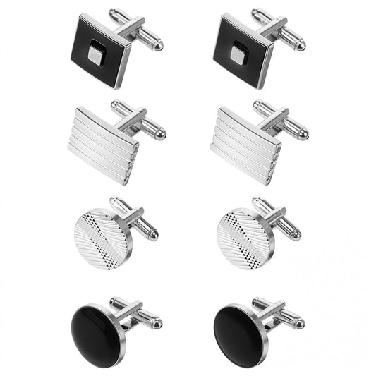 COMNICO 4 Pairs Cufflinks for Men Classic Tone Cuff Links Fashion Men Cufflinks Silver Black Striped Disc Square Rectangle Cuff Links for Business Wedding Party Gift Box