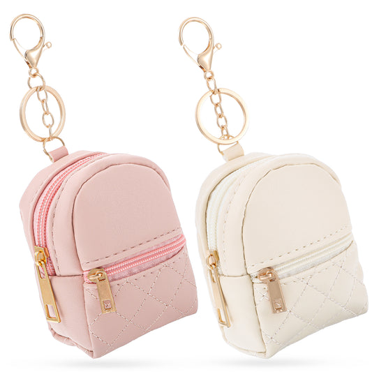 2pcs Mini Backpack Cute Cosmetic Bag for Women PU Leather Makeup Bag Creative Key Pocket Key-Chains Pendant Backpack Keyrings Lipstick Bag Card Holder Data Cable Organizer Zipper Pouch