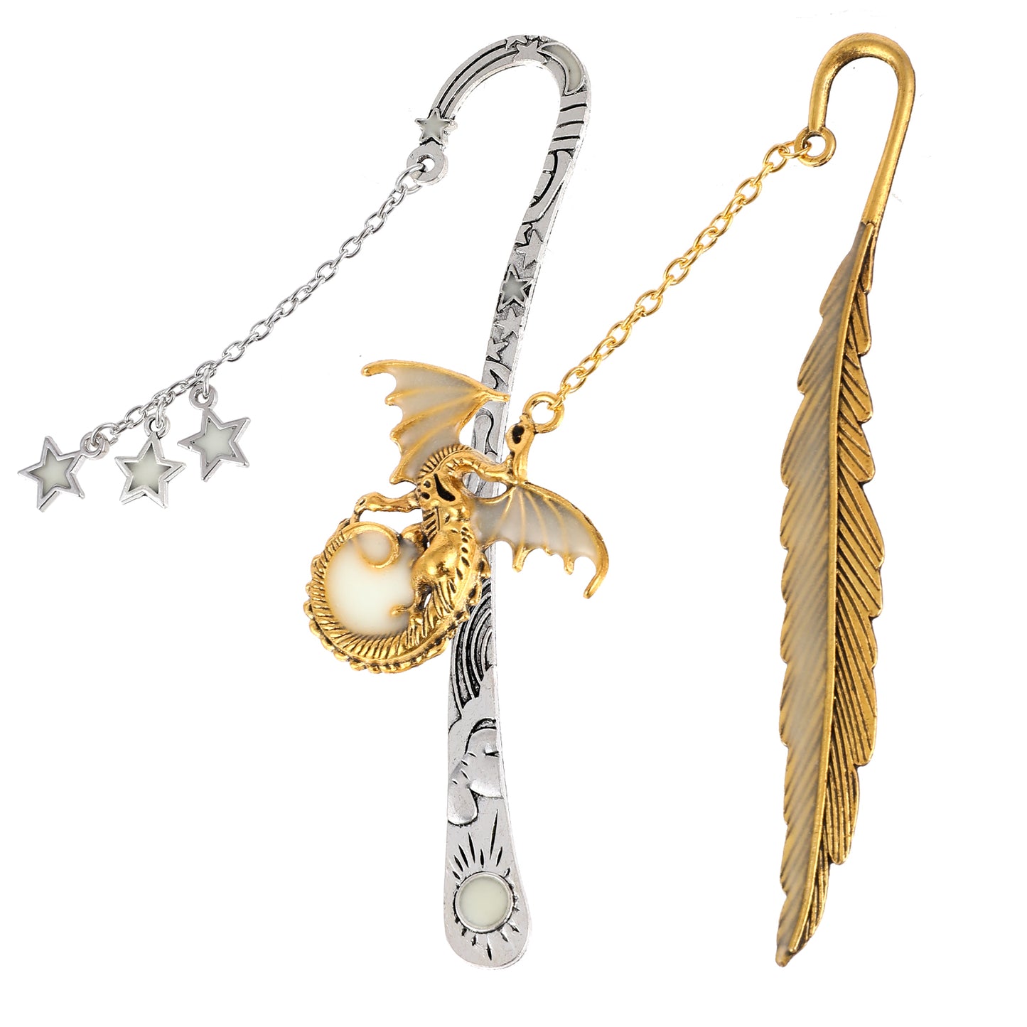 2 Pcs Luminous Bookmark Carved Hook Page Markers Antique Dragon Feather Book Mark Glow in The Dark Moon Stars Pendant Reading Accessories Gift for Bookworm Readers Crafting DIY