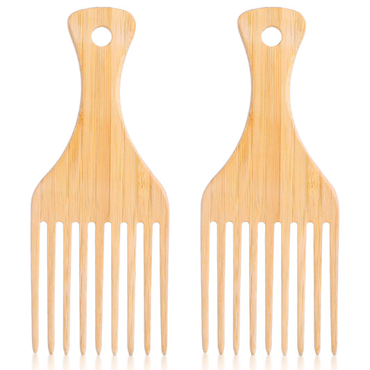 Wanmu 2Pcs Bamboo Hair Pick for Curly Hair Wooden Afro Hair Pick Comb Set Anti-Static Wide Tooth Detangling Comb for Black Men Women Beard Thick Hair Styling Tool