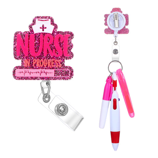 Sibba 4 Pcs Mini Highlighter Nurse Pen Pack Set Badge Reel Holder Highlighter Permanent Marker Pen Include Permanent Marker Pen Retractable Ball Pen Nursing Keychain Clip for Office Hospital