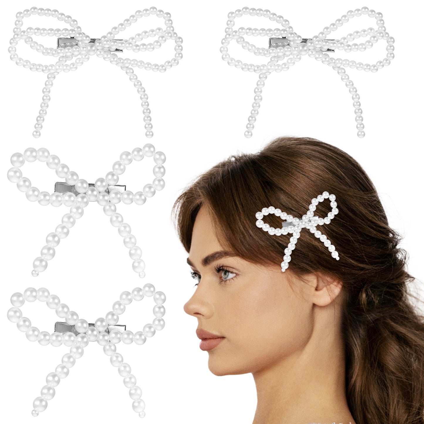 4Pcs Pearl Bow Hair Clip Cute Pearl Hair Barrettes Faux Pearl Hairpin Elegant Hair Pins Silver Duckbill Hair Clips White Headwear Decorative Bobby Pin Minimal Pearl Hair Accessories for Girls Women