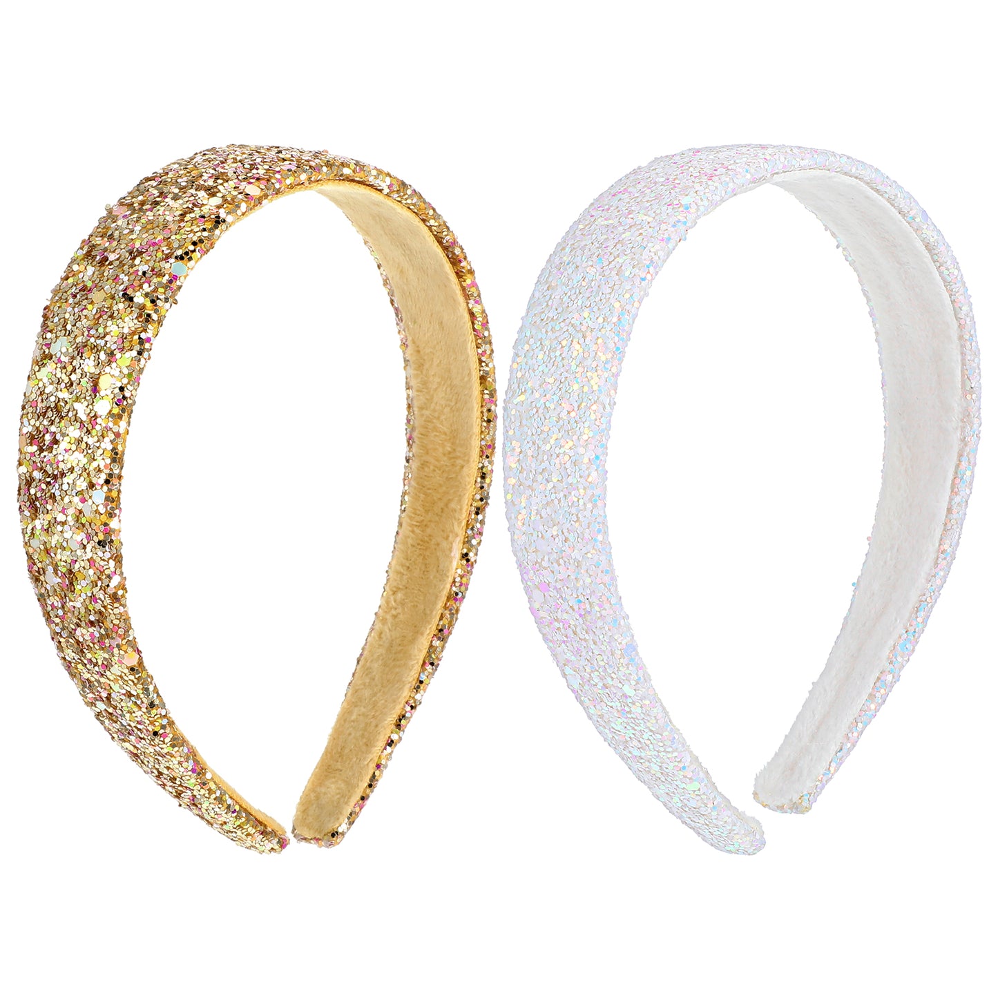 COMNICO 2 PCS Glitter Headbands for Girls, Cute Sparkly Wide Thick Head Bands Bling Non Slip Hairband Rainbow Sequin Little Girl Hair Accessories for Children Kids Women(White+Gold)