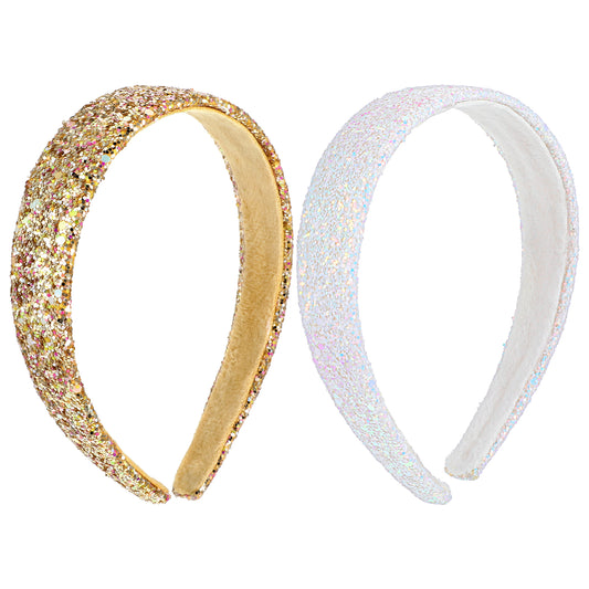 COMNICO 2 PCS Glitter Headbands for Girls, Cute Sparkly Wide Thick Head Bands Bling Non Slip Hairband Rainbow Sequin Little Girl Hair Accessories for Children Kids Women(White+Gold)