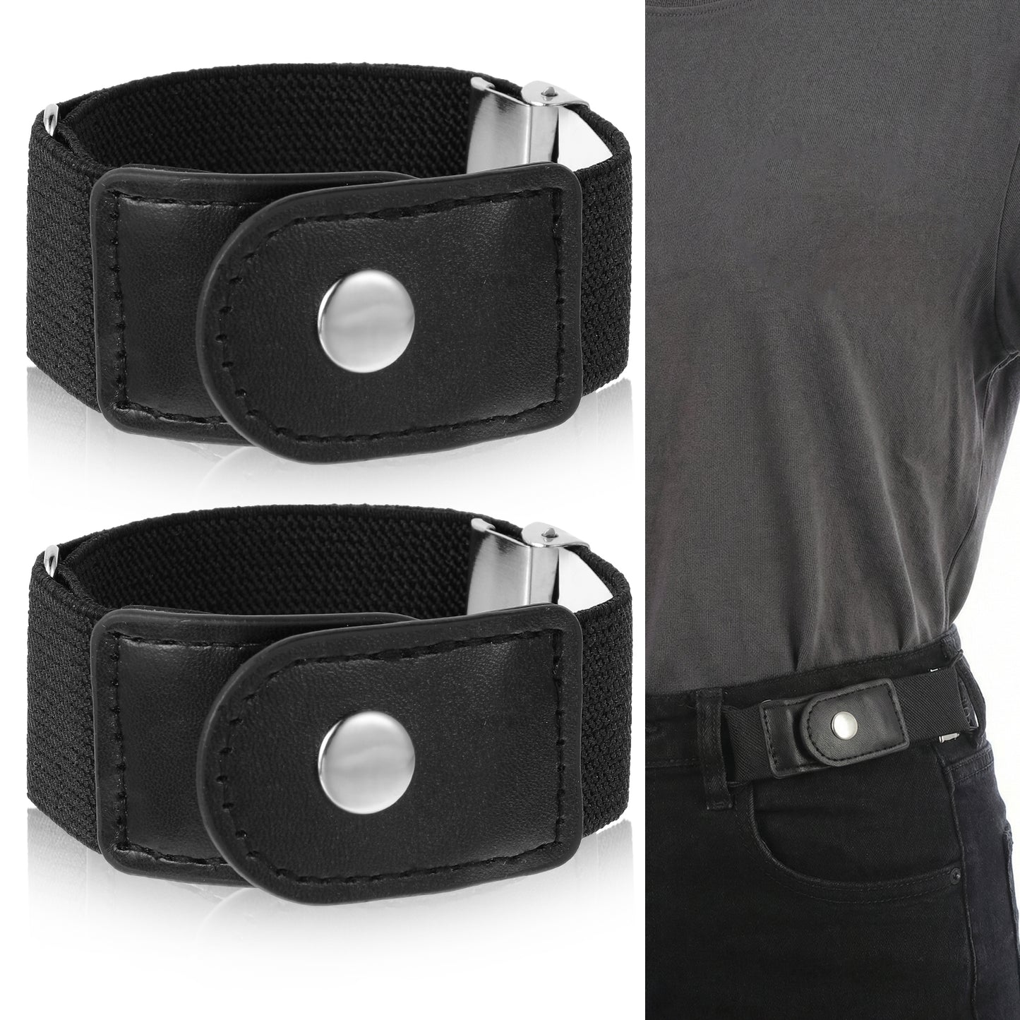 Hadnves 2 Pcs No Buckle Men Belts 2 Loop Elastic Belt Adjustable Stretch Loop Invisible Belts Side Belt Without Buckle Waist Tightener Keeper for Jeans Pants